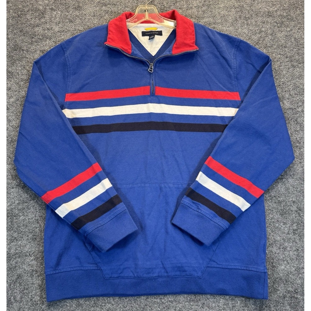 Men's Tommy Hilfiger XL Quarter Zip Pullover Red Blue Stripe Retro 90s Style